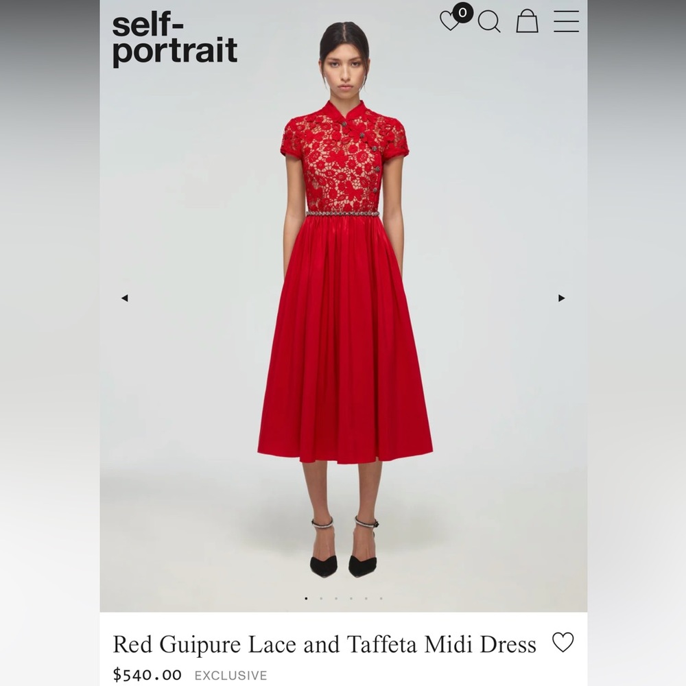 Self Portrait Red Guipure Lace and Tafetta Midi Dress